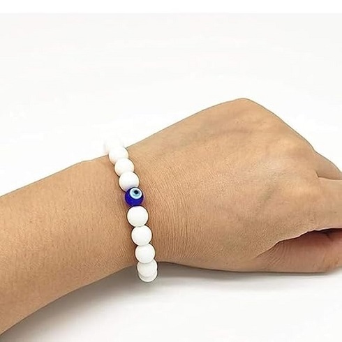 Unisex Evil Eye Hand Bracelet with White Beads for Women and Men
