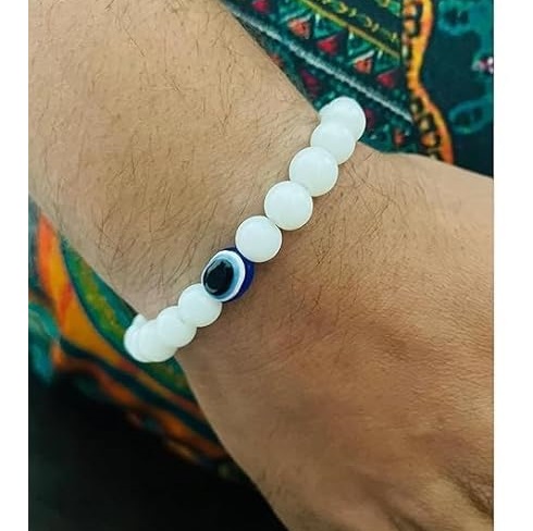 Unisex Evil Eye Hand Bracelet with White Beads for Women and Men